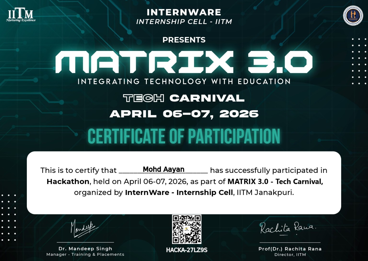 Matrix 3.0 Technical Excellence Certificate